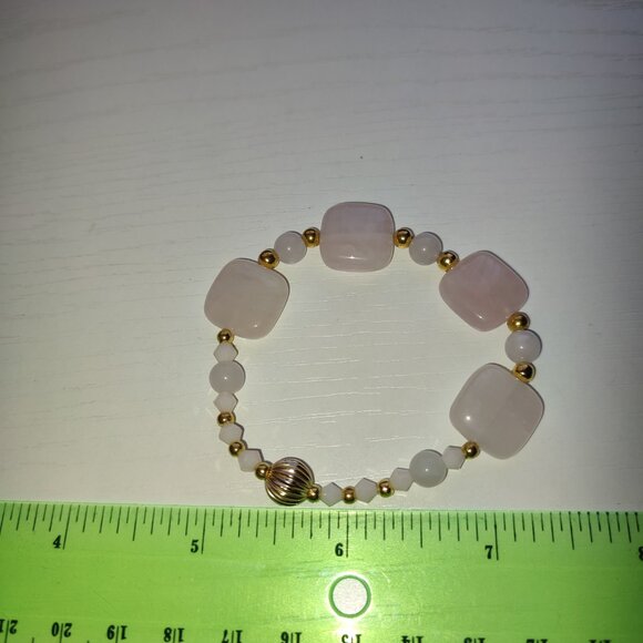 Pink Quartz and Golden Beads Bracelet Elastic Small Hand Wrist Vintage Jewelry - Picture 5 of 5